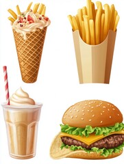A colorful digital art illustration featuring a burger, fries, ice cream sundae, and milkshake.