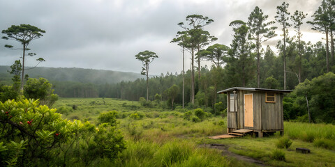 Serene forest cabin in lush meadow