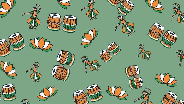 Seamless looping animation of Indian cultural icons featuring classical dancers, traditional drums, and lotus flowers. Flat vector style, festive mood, perfect for motion graphics backgrounds.