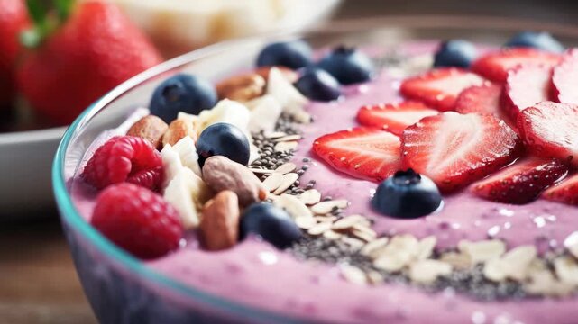 Freshly made smoothie bowl topped with berries, nuts, seeds, and a sprinkle of granola. A delicious and nutritious breakfast option.