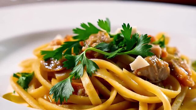 The screenshot showcases a delightful serving of linguine pasta garnished with fresh herbs. The dish features a rich sauce, complemented by tender seafood pieces, creating a flavorful and inviting mea