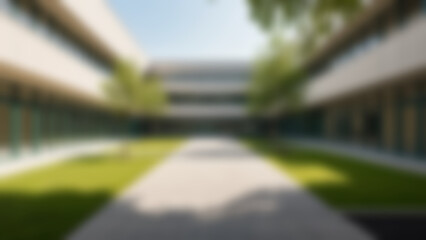 Blurred background of Modern school courtyard with open green space and minimalist design, empty and peaceful, warm natural daylight, ultra realistic architectural photography.