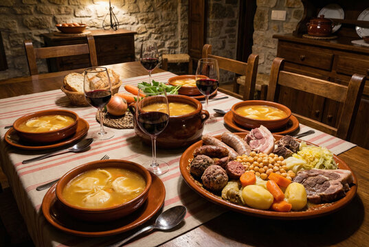 Banquete Tradicional de Escudella i Carn d'Olla con Sopa de Galets, Carnes Variadas y Verduras en un Comedor R&uacute;stico