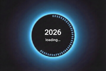 Glowing blue loading circle with 2026 text on dark background  futuristic technology concept