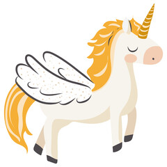 Cute cartoon unicorn illustration. Gentle fantasy animal character for baby prints, kids designs and nursery decor. Isolated on transparent background © Kseniya