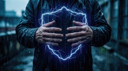 Hands Creating Electric Shield in Rain. Ai generation