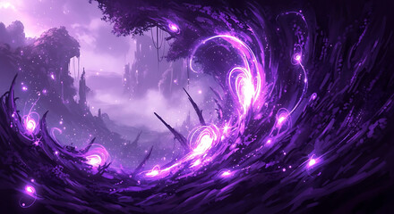 Mysterious purple glowing fantasy landscape with swirling magic light effects deep dark mythical forest scene