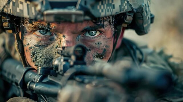 This captures the intense focus of a soldier as they aim their weapon. The muddy conditions suggest recent combat or an outdoor training exercise.