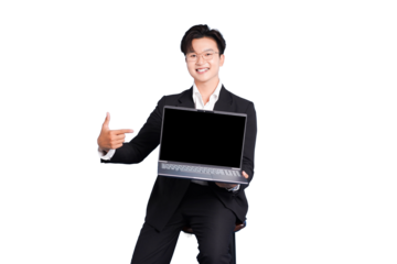 Tech-Savvy Professional: A confident individual, dressed in a formal suit, beams with a smile while presenting a laptop, highlighting the seamless integration of technology in his professional life.