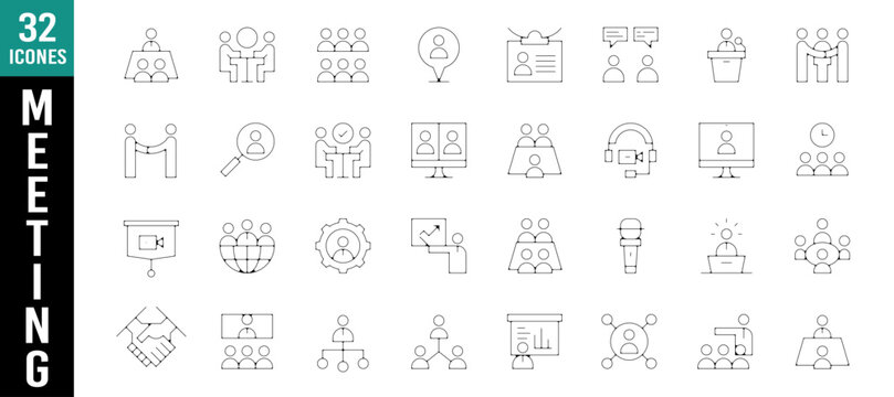 

32 ic&ocirc;nes business de r&eacute;union, conf&eacute;rence et travail en &eacute;quipe, style ligne fine vectoriel