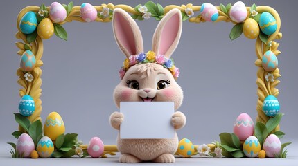 Adorable Chibi Bunny with Flower Crown Holding Blank White Sign in Easter Egg Frame