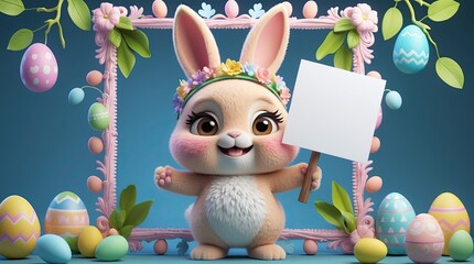 Adorable Chibi Bunny with Flower Crown Holding Blank White Sign in Easter Egg Frame
