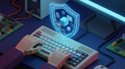 Isometric Cybersecurity Concept with Keyboard. Ai generation
