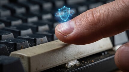 Finger pressing keyboard with digital security icon. Ai generation