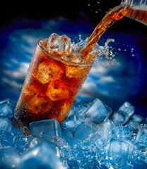 Refreshing Beverage A Glass of Cold Drink with Ice Cubes and Pouring Stream for Summer Thirst Quench