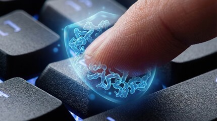 Finger pressing keyboard with digital shield. Ai generation