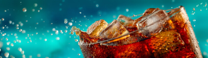 Refreshing Cold Drink with Ice Cubes and Bubbles on a Turquoise Background, Perfect for Summer Days