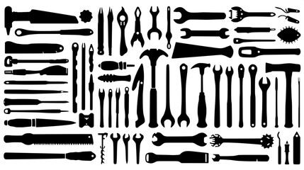 Black silhouettes of hand tools arranged in rows on a white background, flat vector style, hammer, screwdriver, wrench, saw, chisel, minimal design