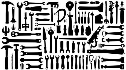 Black silhouettes of hand tools arranged in rows on a white background, flat vector style, hammer, screwdriver, wrench, saw, chisel, minimal design