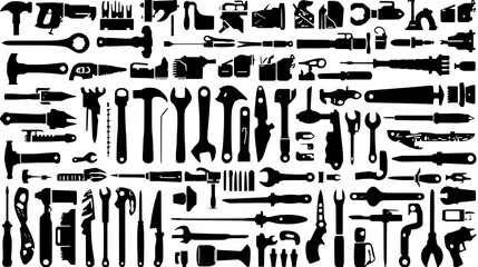 Black silhouettes of hand tools arranged in rows on a white background, flat vector style, hammer, screwdriver, wrench, saw, chisel, minimal design