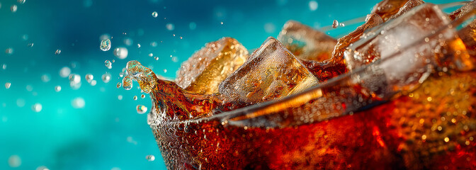 Refreshing Cold Drink with Ice Cubes and Condensation, Ideal for Summer Advertising and Drink Promotions