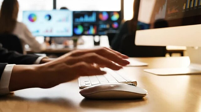 Hands operating keyboard and mouse in multi-monitor corporate workstation