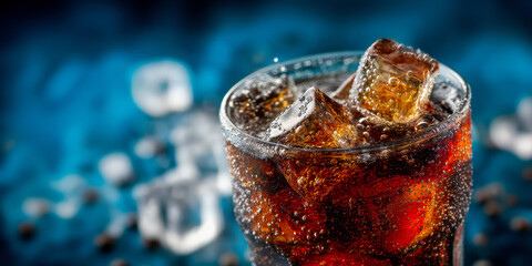 Refreshing Cola Beverage with Ice Cubes on a Blue Backdrop A Cool and Fizzy Drink Delight, Perfect for Summer