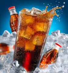 Refreshing Cola Drink with Ice Cubes and Bottles on Ice Bed, Perfect for Summer Advertising and Promotion