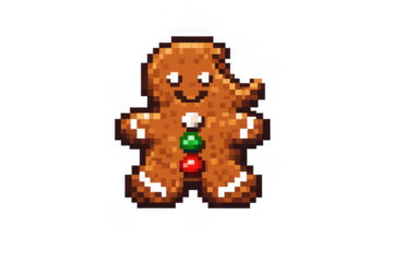 Bitten gingerbread man cookie pixel art character smiling, enjoying holiday sweetness, transparent background