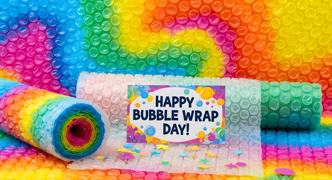 Colorful bubble wrap rolls and a Happy Bubble Wrap Day sign on a vibrant background with confetti.