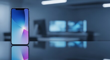 Obraz premium Smartphone standing on reflective surface in modern office space with screens