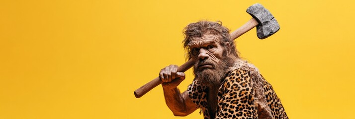 A rugged man holding an ax inside a cave setting.