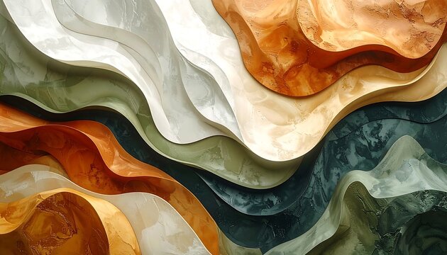 Flowing abstract design with rich organic waves, showcasing a blend of warm bronze, deep green, and creamy white textures