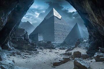 A stunning view of the pyramids of Giza in Egypt under a star-filled night sky with dramatic clouds.