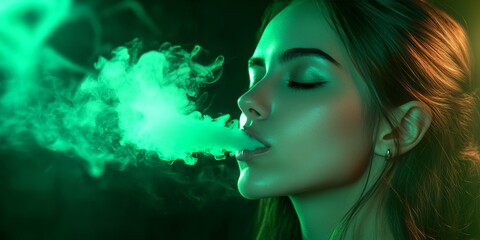 A woman with a smoky atmosphere around her mouth, breathing out in a dark setting with green hues.
