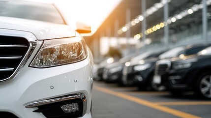 Close-up of a new white car's front with headlights and grille, parked in a car dealership