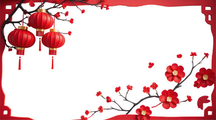 Obraz premium Vibrant Chinese New Year Decoration with Red Lanterns and Plum Blossoms on Transparent Background