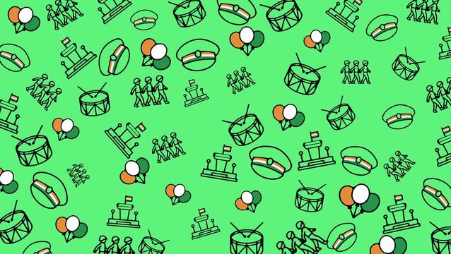 Seamless looping animation with parade figures, marching drums, balloons, and celebration icons inspired by Indian national events. Playful flat vector style for festive motion backgrounds.