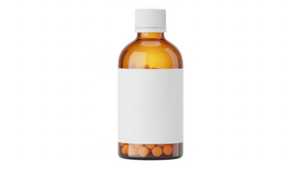 Amber glass medicine bottle with white label and pills isolated on a transparent background