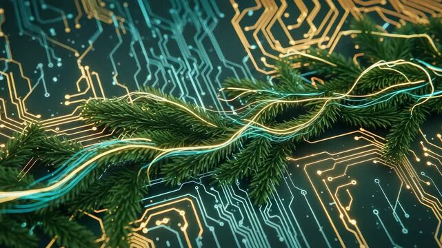Abstract digital circuit board with green pine branches overlay technology and nature blend