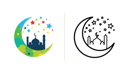 Colorful and monochrome crescent moon designs with mosque silhouettes below