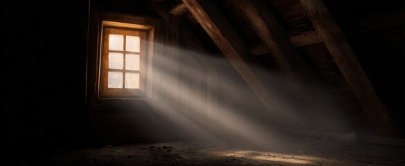 sunlight streams through a gritty attic window highlighting old treasures and memories