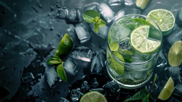 A delicious mojito drink garnished with ice cubes, lime slices, and mint leaves.