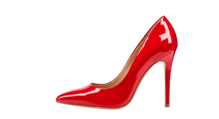 Red patent leather stiletto heel shines against a stark black backdrop. Great for fashion blogs, product staging, and shoe advertisements.