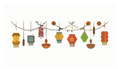 Hanging Diwali lanterns and string lights vector decoration