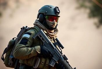 Obraz premium Modern infantry soldier in combat gear, carrying rifle, camouflage, duty