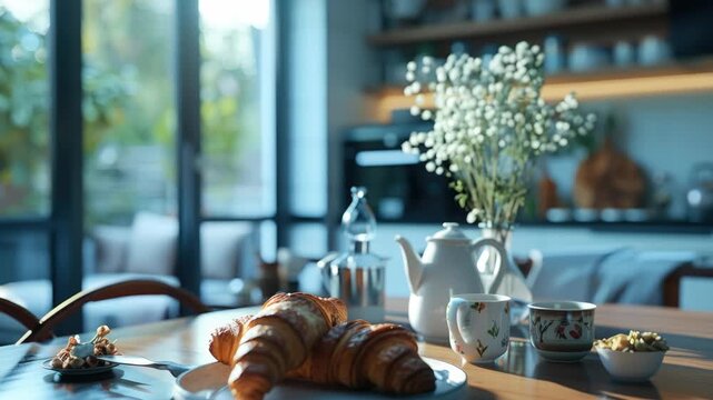 This captures a cozy breakfast setting with an assortment of pastries, including croissants, arranged neatly on plates. The centerpiece is a tea set with a teapot and cups