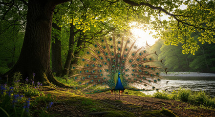 Majestic peacock spreads vibrant feathers in serene forest setting by the river
