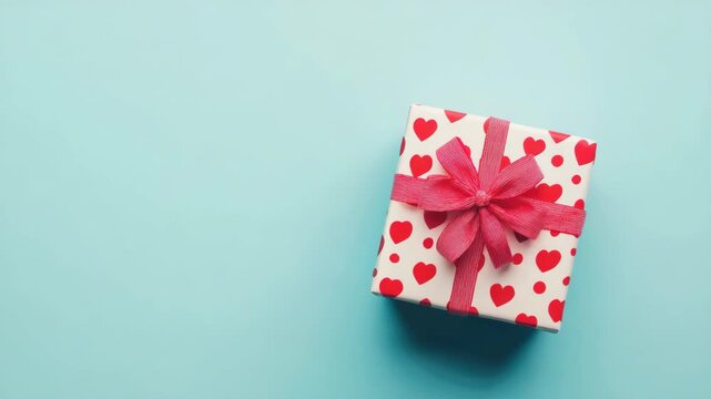 A small heart-covered gift box tied with a red bow on a blue surface