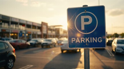Blue parking sign stands prominently in a busy lot filled with vehicles, illuminated by warm sunlight, conveying the concept of organized parking spaces for convenience